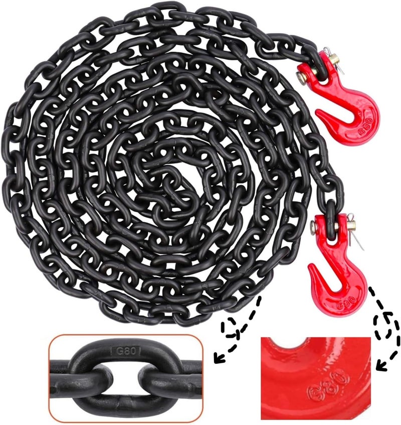 Lechansen G80 Transport Binder Chain 1/4 Inch x 10 Feet, Equipped with G80 Chain Hook, Grade 80 Tow Chains with Hook, 3,300 lbs Working Load Trailer Safety Chain for Ratchet Binder, Towing - Image 1